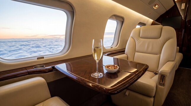A glass of sparkling champagne sits on a wooden table inside a luxurious private airplane cabin
