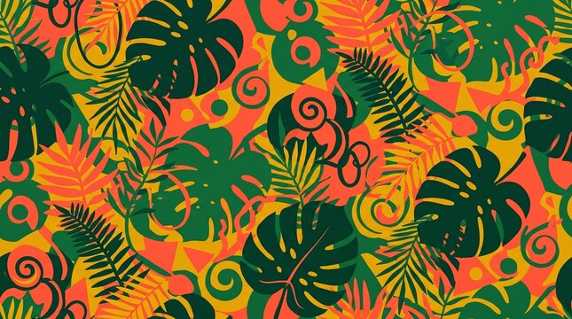 Vibrant maximalist seamless illustration of tropical flora vines and abstract geometric shapes in bold colors
