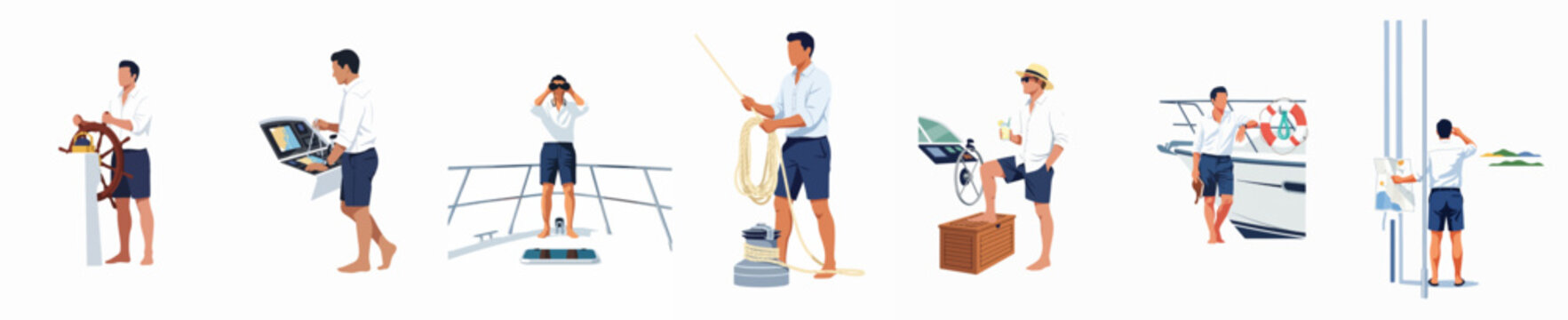 Set of flat vector illustrations featuring a man performing various activities on a luxury yacht, including navigating, steering, and relaxing.