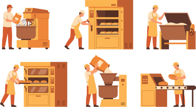 Industrial bakery production process a flat vector illustration featuring bakers and professional equipment for bread making and food industry concepts