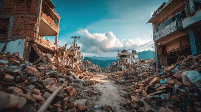 Devastation's aftermath, crumbled structures amid a tranquil sky's embrace