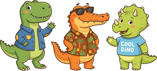 Cute Cartoon Dinosaur and Crocodile Mascot Character Set Featuring T-Rex in Denim Jacket, Alligator in Hawaiian Shirt, and Triceratops for Kids Designs © Shukimon