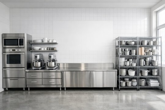 Modern restaurant kitchen blank wall mockup scene. Ai generative