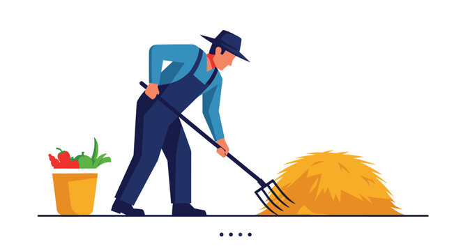 Hardworking male farmer using a pitchfork to move a pile of golden hay next to a bucket of fresh organic vegetables.