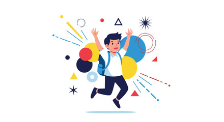 Fototapeta premium Happy schoolboy with a blue backpack jumping in the air against a background of colorful geometric shapes and lines.