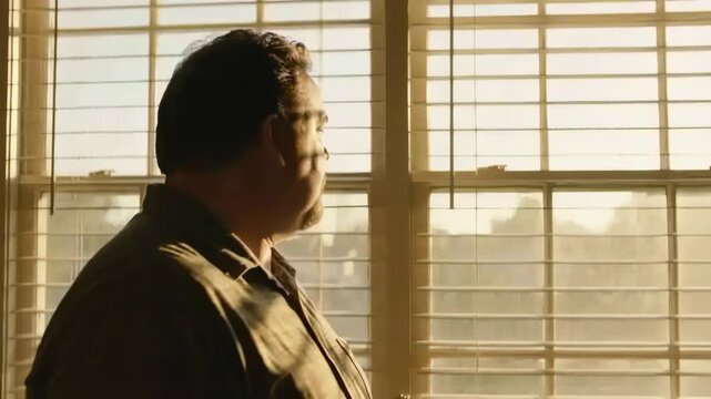 Turning senior man in patterned shirt responding to warm sun, turning head by window with blinds