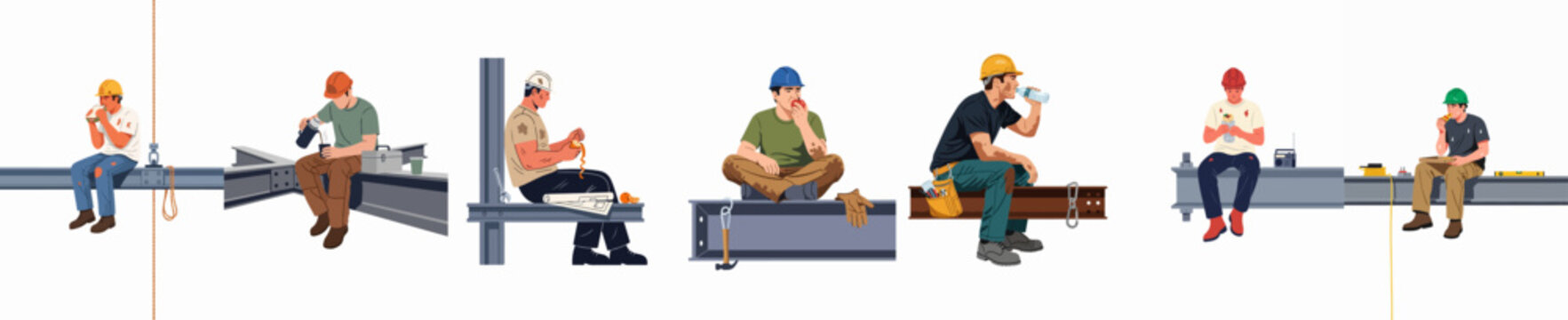Collection of diverse construction workers in hard hats sitting on steel beams during their lunch break, eating and drinking, isolated on white background.