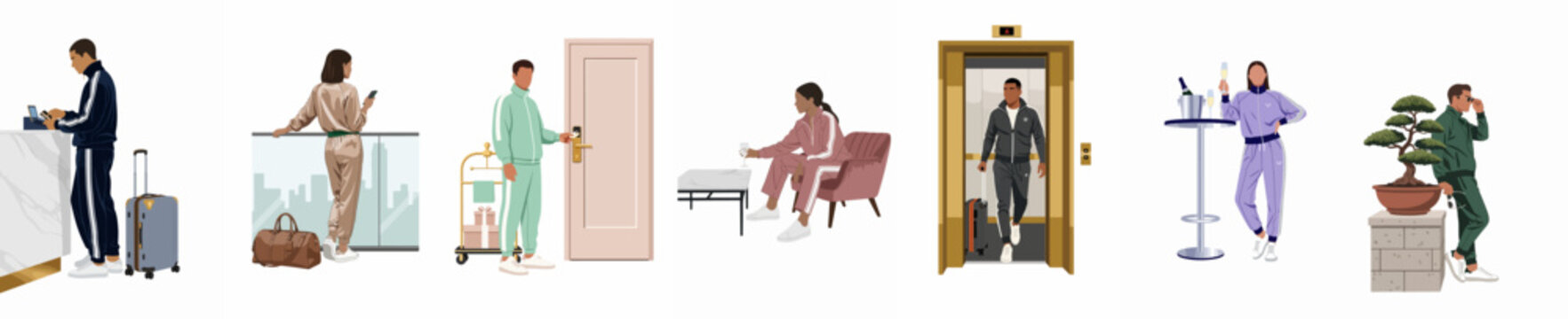Collection of diverse people in stylish tracksuits experiencing various luxury hotel moments like checking in, relaxing on a balcony, and enjoying champagne.