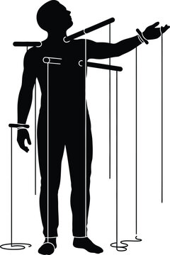 Silhouette of a man controlled like a marionette puppet by strings and rods symbolizing lack of freedom manipulation and social influence.