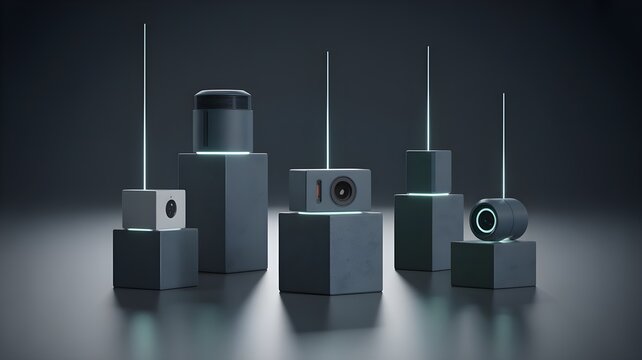 Array of industrial sensor units on pedestals representing proximity, vision, and pressure sensing for automation and condition monitoring.