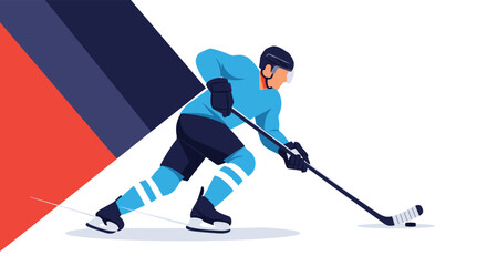 Fototapeta premium Professional ice hockey player in a blue jersey and helmet skating fast with a stick and puck on the ice.