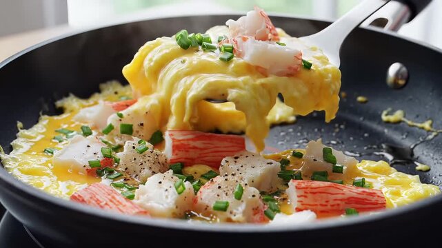 Delicious Crab Omelette Cooking in a Frying Pan with Fresh Herbs.
