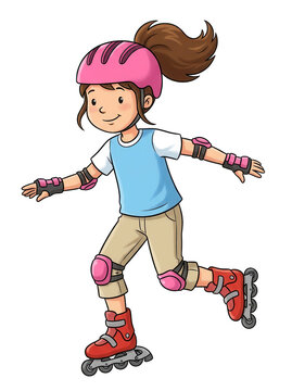 Girl rollerblading with pink helmet, transparent background