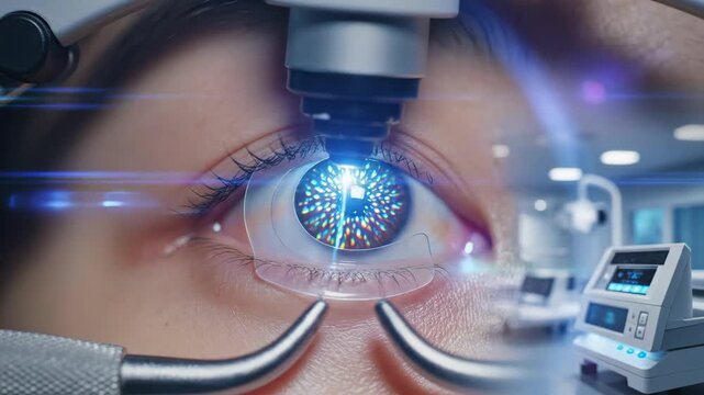 Close up of an eye undergoing laser eye surgery, with a blue laser beam hitting the cornea or a contact lens, set against a blurry clinical background with medical equipment.