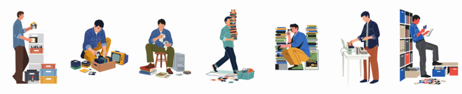 Illustration collection of men managing and organizing retro data storage devices like floppy disks, CDs, and old computer hardware in a flat design style.