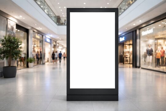 Blank advertising billboard mockup in bright modern shopping mall. Ai generative