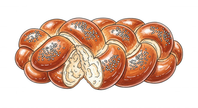 Hand-drawn of a braided challah bread loaf with a golden brown crust and sesame seed topping isolated on a black background