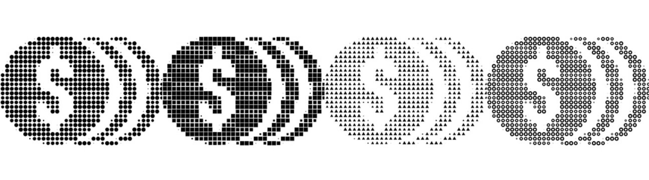 Retro halftone icon collection - expensive. Shopping retail store and consumer commerce. Vintage dot pattern illustration. Old-school silkscreen design.