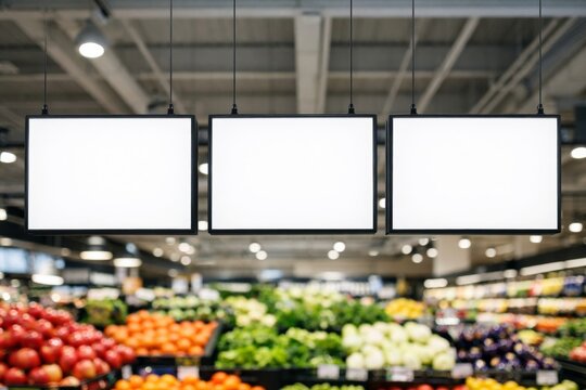 Blank hanging signage mockup in bright grocery produce aisle. Ai generative