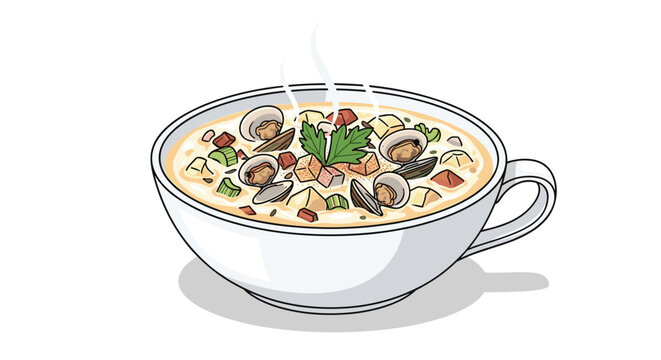 Warm bowl of creamy clam chowder soup filled with potatoes, clams, and vegetables garnished with a sprig of fresh green parsley.