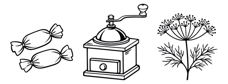 Hand drawn line art set featuring candies, a coffee grinder, and a dill sprig for cooking and sweet treats