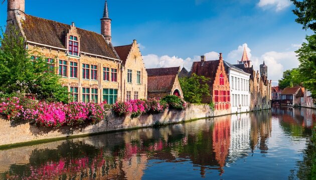 medieval flemish architecture houses reflecting in a canal bruges colorful cityscape with flowers in summer belgium