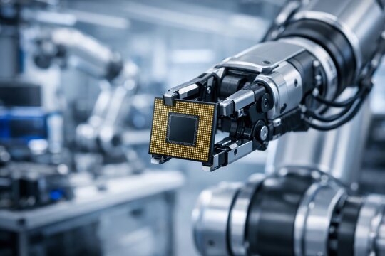Robotic arm holding microchip in advanced tech lab."" Ai generative