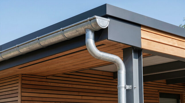 Modern House Roof Detail with Galvanized Steel Rain Gutter System and Wooden Soffit