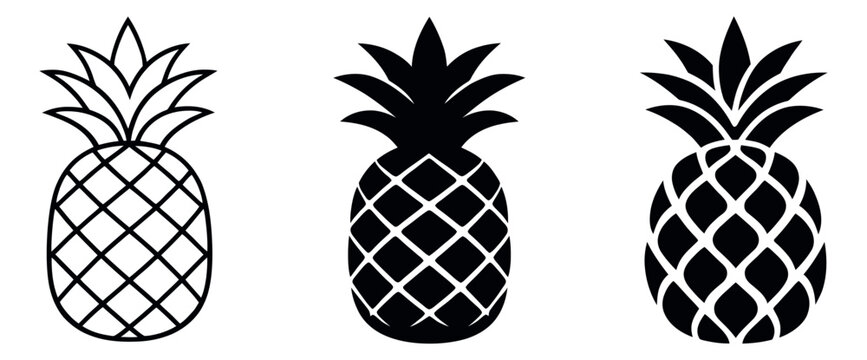 Graphic pineapple icon set featuring outline and silhouette styles for tropical food and design