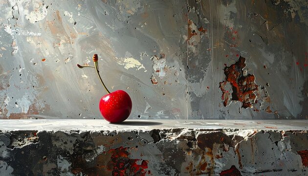 Ripe red cherry on textured stone surface with grunge background and dramatic lighting