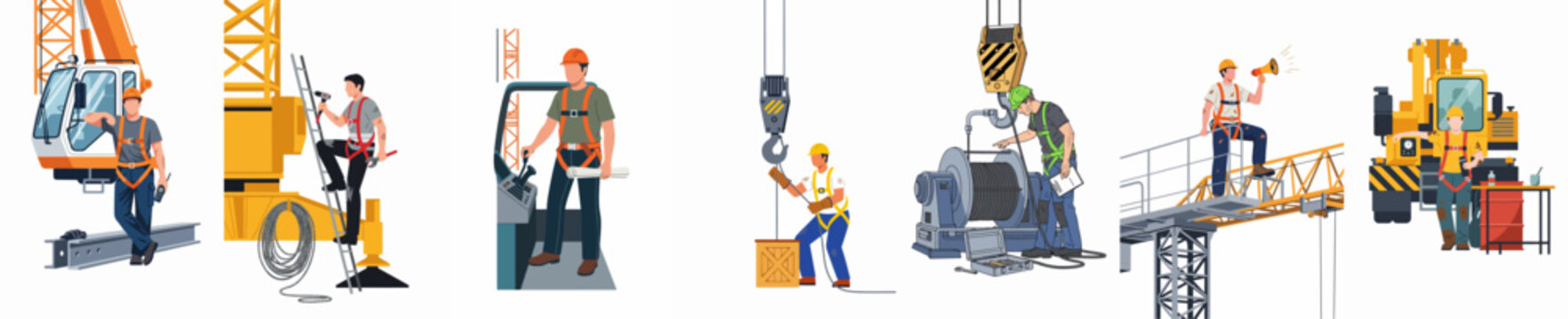 Flat vector illustration set of construction workers in safety gear operating tower cranes, mobile cranes, and heavy machinery on a white background.