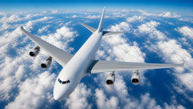 Large white cargo plane flying above clouds high altitude view