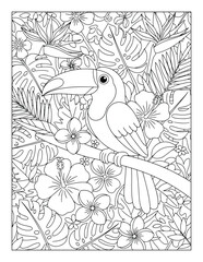 Fototapeta premium Toucan coloring page perched on branch with tropical leaves and flowers detailed nature illustration