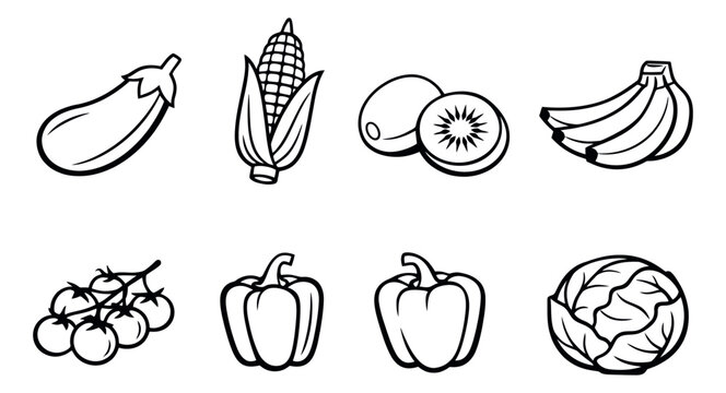 Hand drawn line art fruits and vegetables set featuring common produce items for healthy eating and cooking