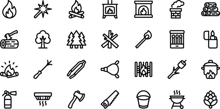 Camping outdoor adventure icons set fire forest equipment survival vector illustrations