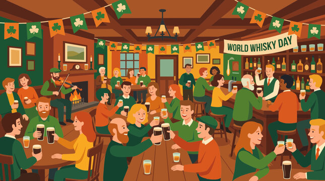 Crowded Irish Pub Celebration for World Whisky Day Illustration