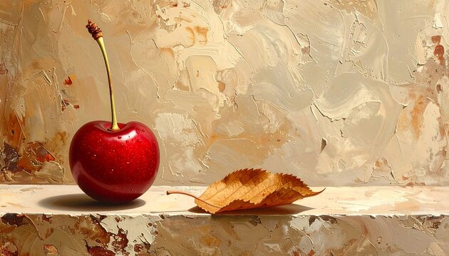Artistic painting of a single red cherry on a dry autumn leaf with textured oil paint background