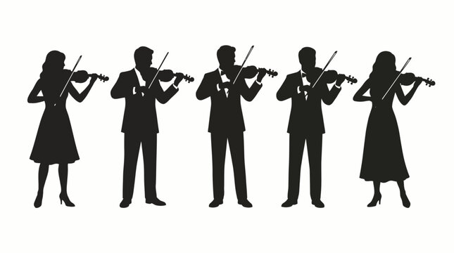 Elegant ensemble of classical musicians playing violins in artistic silhouette