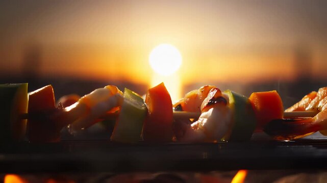 Seafood And Vegetable Barbecue Ambiance. Sunset Grilling With Shrimp And Peppers Over Glowing Coals
