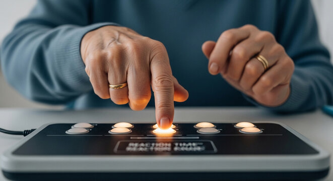 Close-up of a person's hands interacting with a sensory device designed for neurological research and cognitive testing