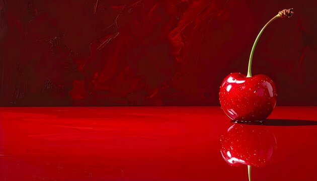 Minimalist close-up of a single ripe red cherry with reflection on a vibrant red glossy surface