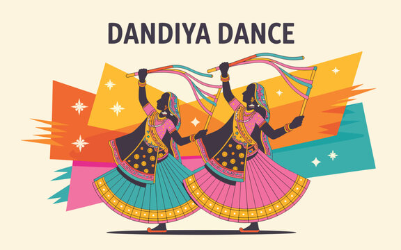 Two women in traditional indian clothing dancing with colorful wooden sticks, dandiya raas festival