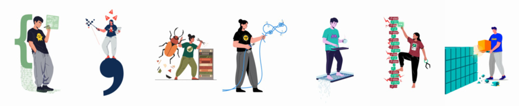 Conceptual illustrations of software developers and programmers tackling coding challenges, debugging, and building digital infrastructure in a modern vector art style.