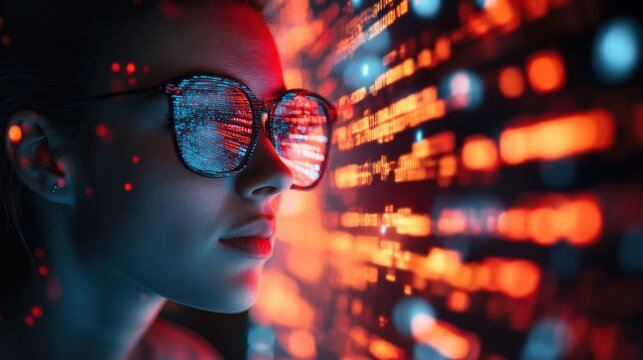 Woman, code, futuristic, night, reflection, technology, digital, screen, data, abstract, stock photo