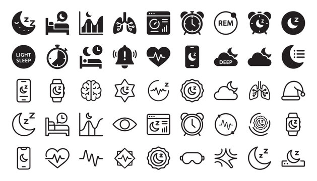 Modern black and white flat icons depicting sleep stages, health monitoring, and wellness activities for apps and websites,