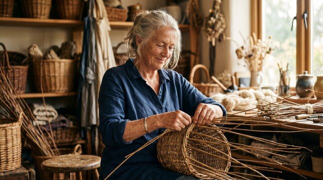 Crafting Woven Baskets - Elderly Woman Demonstrates Traditional Artisan Skill.