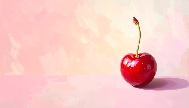 Minimalist close-up of a single ripe red cherry on a pastel pink textured background with copy space