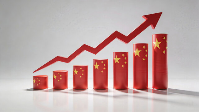 China Economic Growth and Stock Market Success Concept with Rising Red Arrow and Flag Pillars