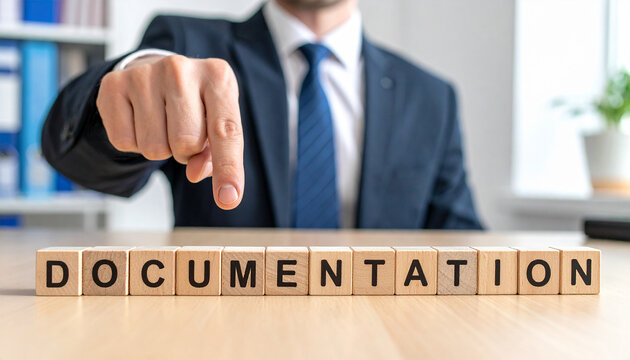 Documentation - Geschäftsmann zeigt auf den Text "Documentation"
