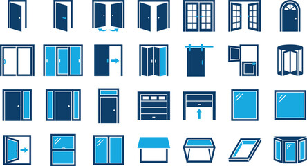 Modern door and window icons set, architectural entrance and glass window symbols, 28 blue vector elements for construction and real estate design © Insa Batool